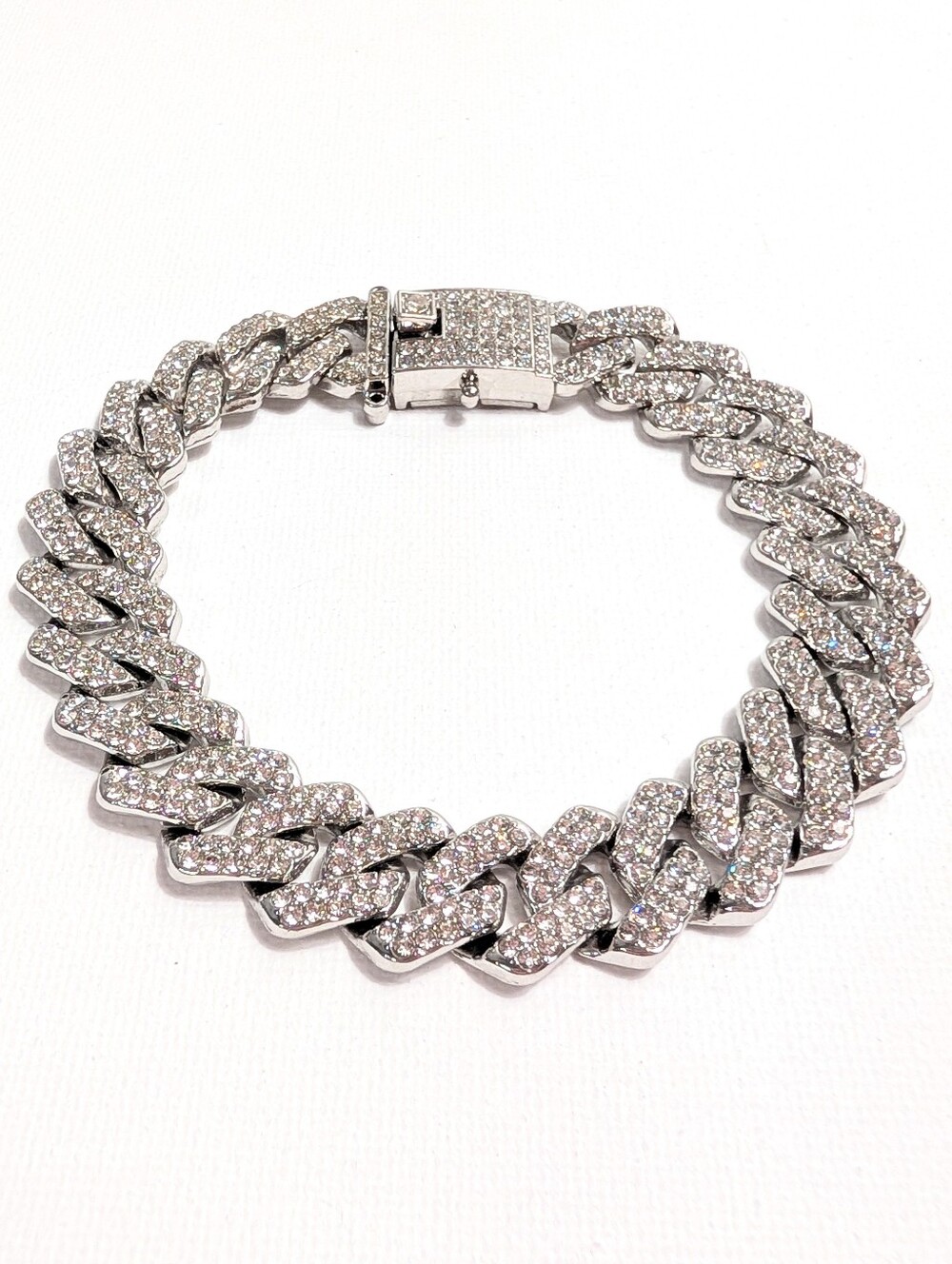 Men's Iced Out Silver Tone Rhinestone Cuban Link Chain Bracelet Size 9